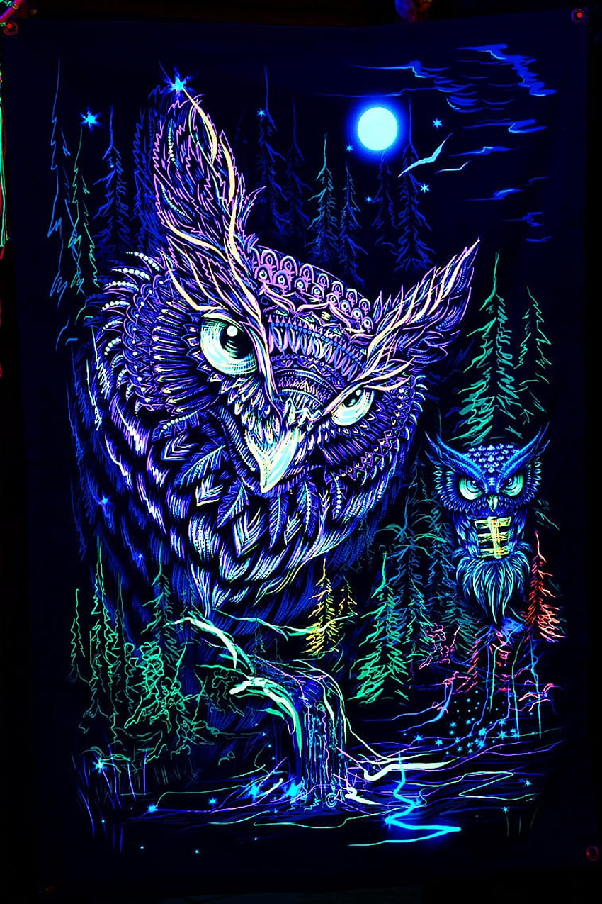 Tapiz psicodélico Blacklight Art Nature UV Fluorescent Glow, búho trippy fondo de pantalla del teléfono