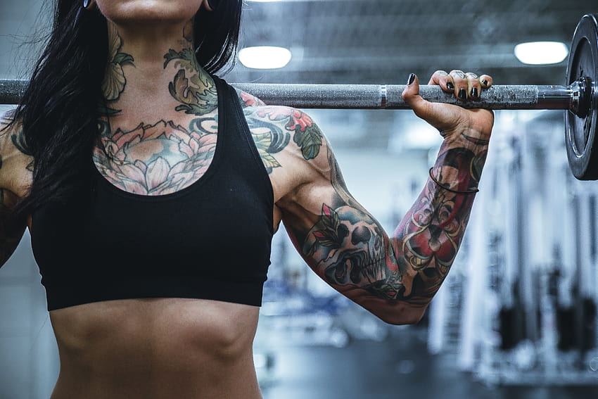 510136 5472x3648 powerlifting, tattoo, style, ab, fitness, skull, women gym body building HD wallpaper