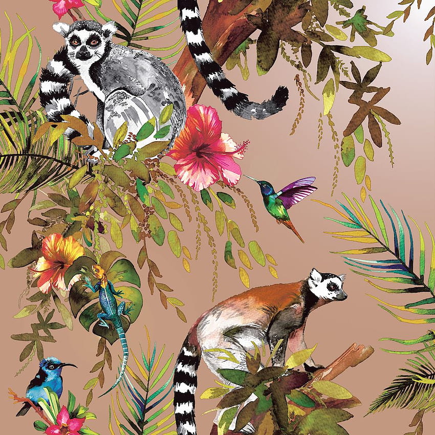 Lemur Tropical Jungle Birds Flowers Floral Trees Animals Holden Decor HD-Handy-Hintergrundbild