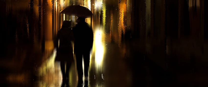 Coupl walking on a rainy night Ultra Wide TV HD wallpaper