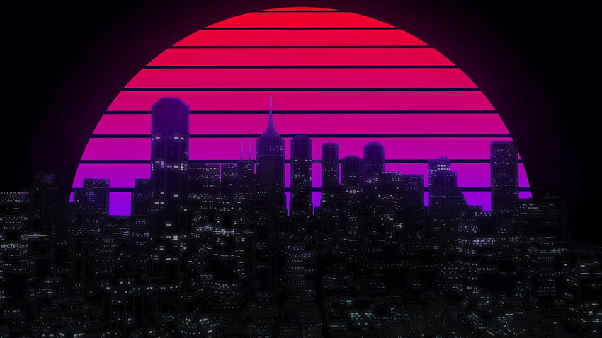 moon, cityscape, skyscrapers, skyline, neon, retro, , background, cb406e, purple retro city HD wallpaper