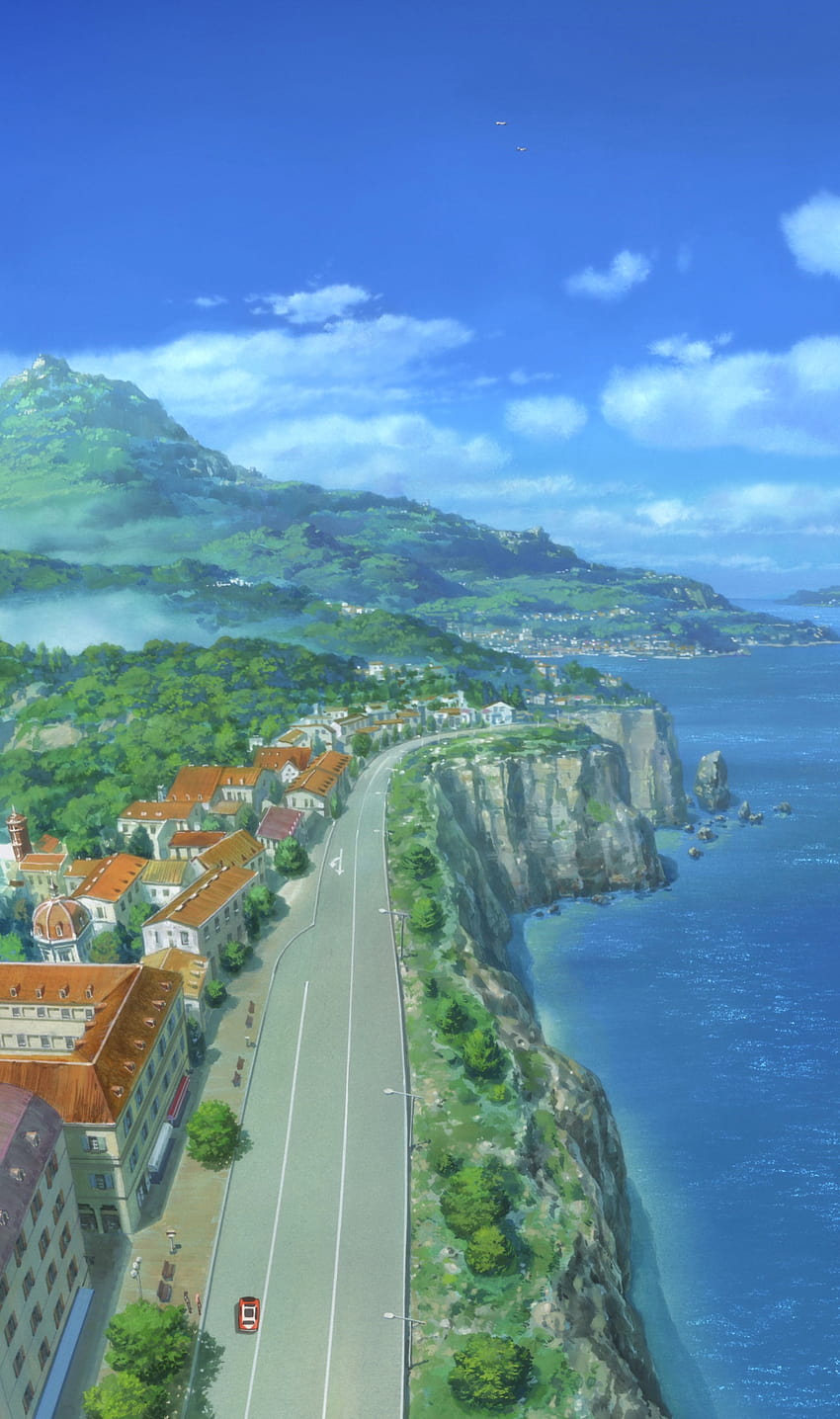 : seashore, cliff, trees, sea gulls, old building, hills, mountains, mountain top, rock, clouds, top view, clear sky, anime, car, road 1913x3232, anime clear water HD phone wallpaper