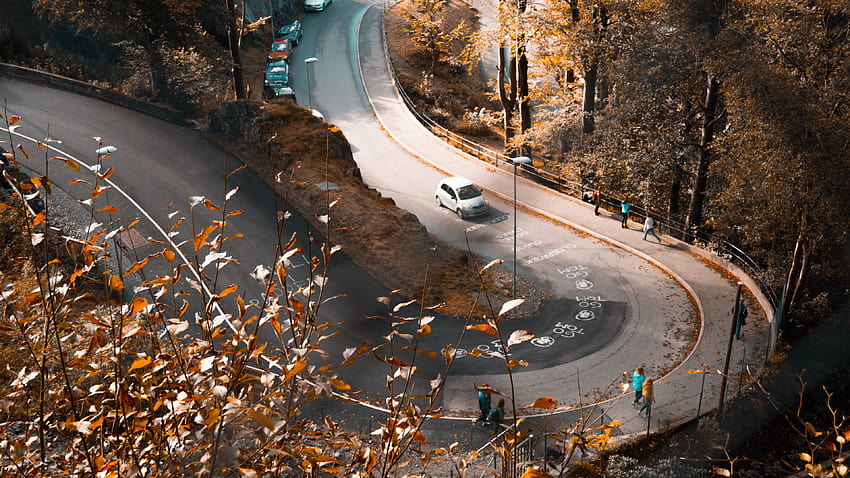 Carretera de otoño Hojas naranjas Coches caídos Gente caminando, carriles de otoño fondo de pantalla
