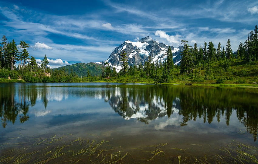 trees, mountains, lake, reflection, Mountain Shuksan, mount shuksan washington HD wallpaper