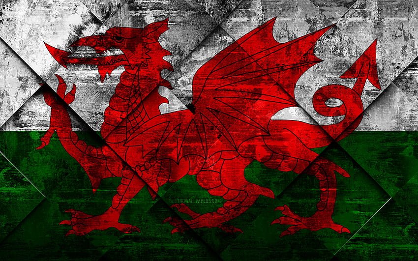 Flag of Wales, grunge art, rhombus grunge texture, Wales flag, Europe, national symbols, Wales, creative art with resolution 3840x2400. High Quality, welsh dragon HD wallpaper
