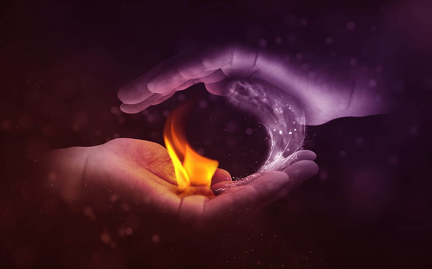 Water and Fire, hands, water fire frame, fire and water HD wallpaper