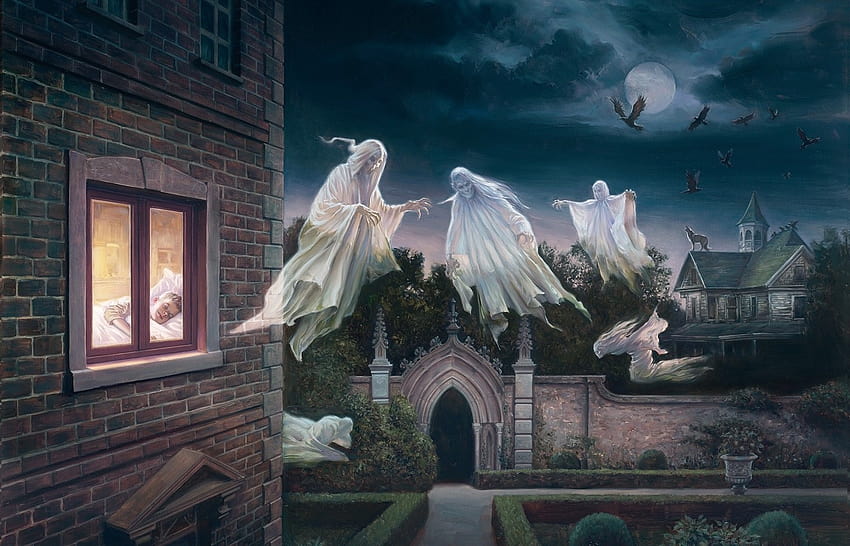 2965512 / gruselig kinder digitale kunst fantasiekunst gespenster zombies gruselig nacht halloween gothic mond vögel gebäude schlafend verträumt, halloween digital art HD-Hintergrundbild