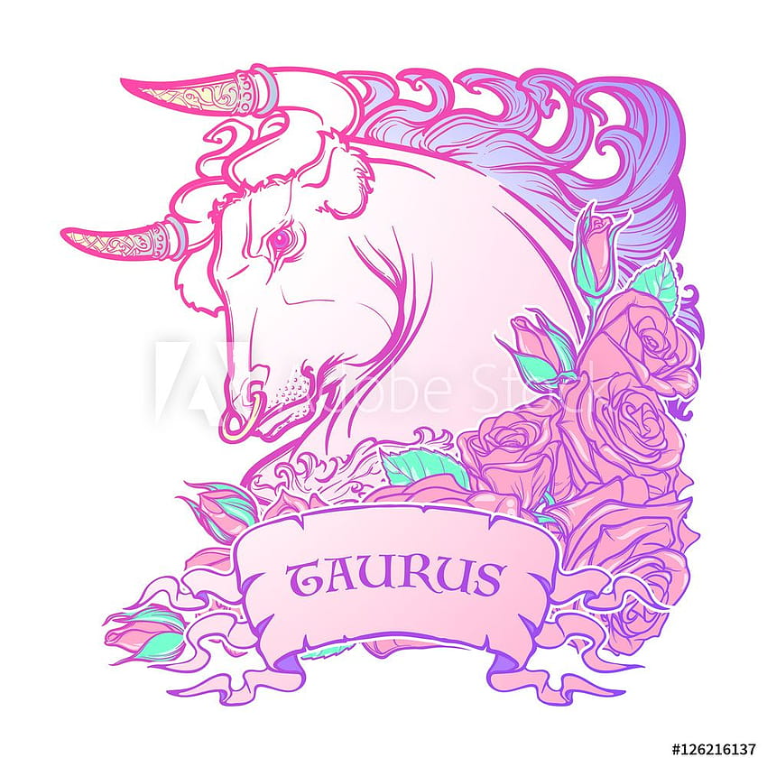 Zodiac Sign Of Taurus With A Decorative Frame Of Roses Astrology Concept Art Tattoo Design Sketch In Pastel Pallette Isolated On White Backgrounds EPS10 Vector Illustration Wall Mural HD phone wallpaper