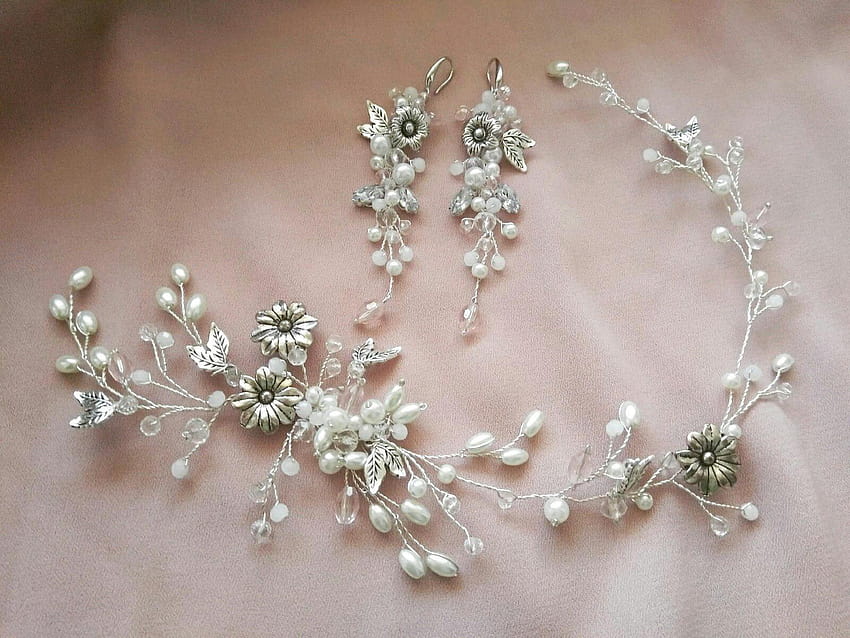 Перлен комплект Булчински флорални обеци за коса с лоза Сватбени сребърни, перлени украшения за глава HD тапет