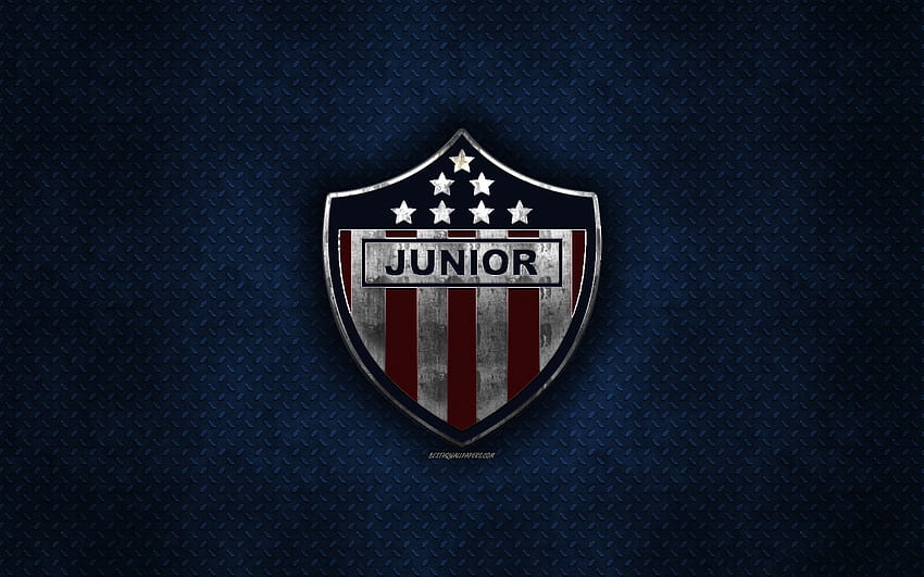 Atletico Junior, Club Deportivo Junior ยอดนิยม, สโมสรฟุตบอลโคลอมเบีย, พื้นผิวโลหะสีฟ้า, โลโก้โลหะ, ตราสัญลักษณ์, Barranquilla, โคลอมเบีย, Liga Aguila, ศิลปะสร้างสรรค์, ฟุตบอล, Junior Barranquilla ที่มีความละเอียด 2560x1600 วอลล์เปเปอร์ HD