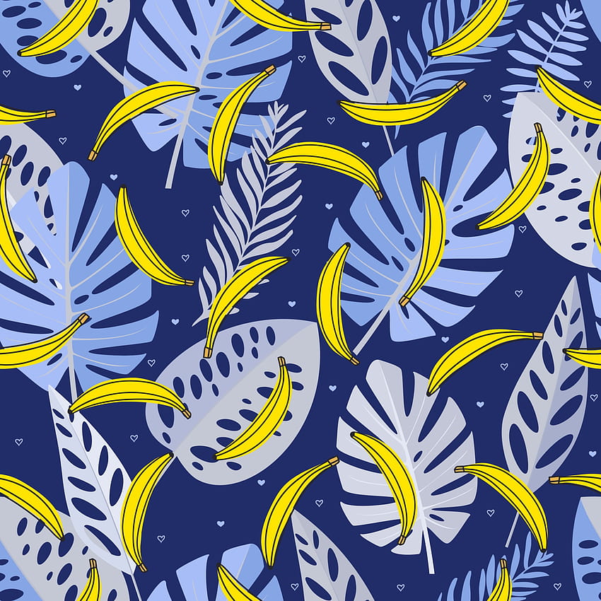 Seamless pattern with blue leaves, bananas and heart. Hand drawn, vector, bright colours. Backgrounds for prints, fabric, wrapping paper. 2185468 Vector Art at Vecteezy HD phone wallpaper