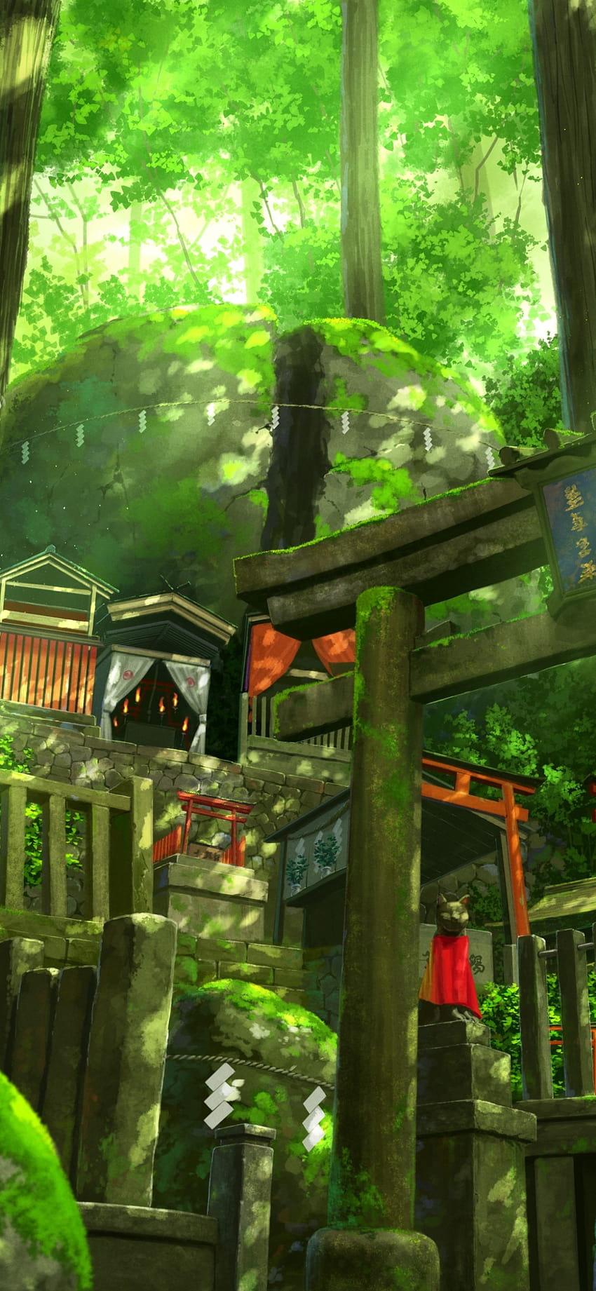 1125x2436 Anime-Landschaft, Schrein, Wald, Treppen, grüne Umgebung für iPhone 11 Pro & X HD-Handy-Hintergrundbild