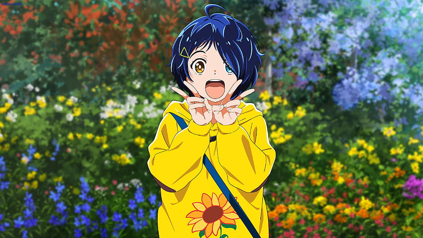 : Ai Ooto, wonder egg priority, flowers, sunflowers, blue hair, anime girls 3840x2160, anime ai ohto HD wallpaper
