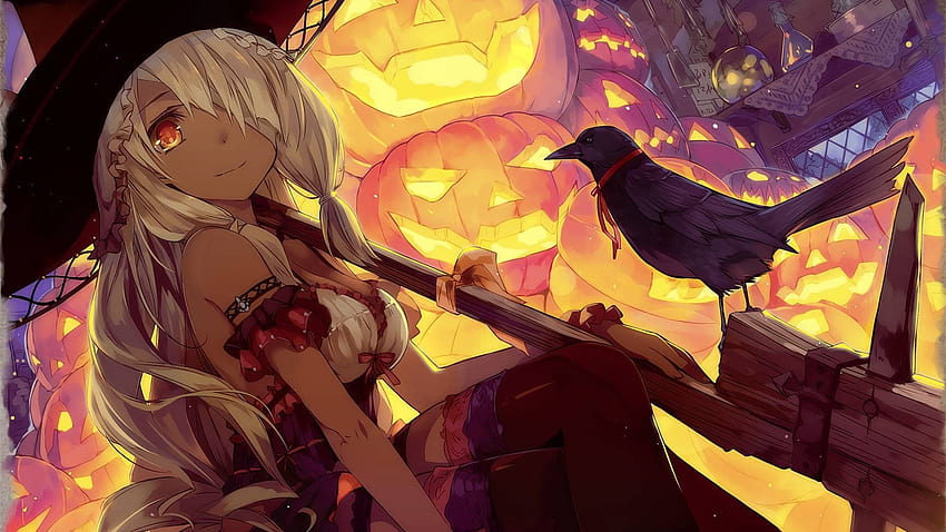 Halloween, anime, fan art, Jack O' Lantern, pumpkin, crow, witch, anime fanarts HD wallpaper