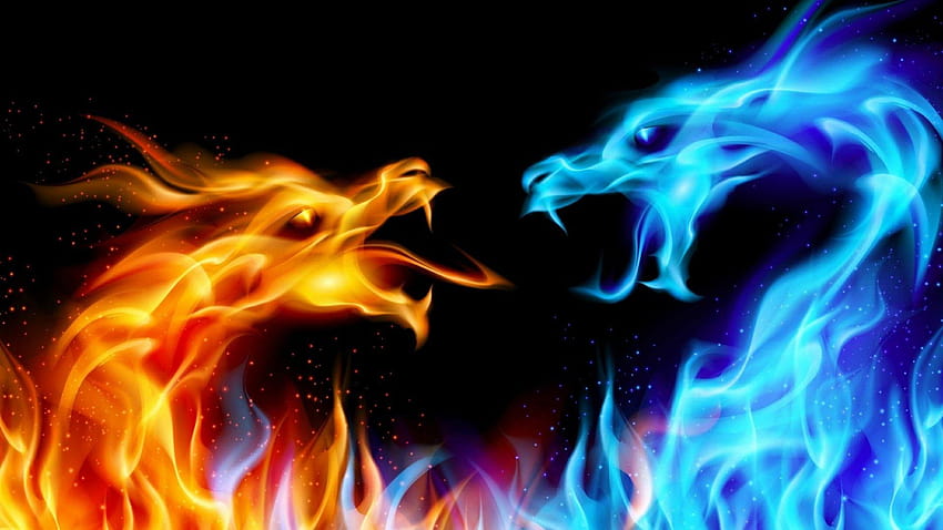 Ice And Fire Dragons Fight, cool water and fire HD wallpaper