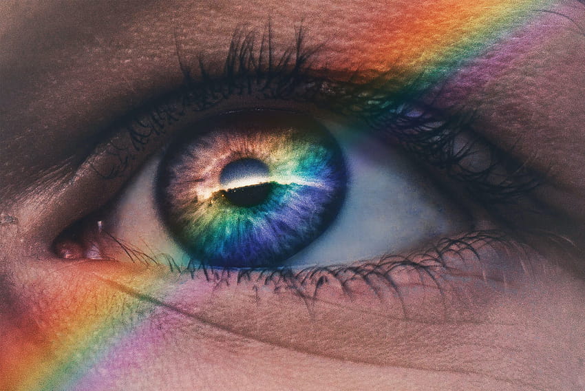 cool rainbow ,eye,blue,iris,eyelash,eyebrow,close up,green,organ,beauty,purple, aesthetic eye HD wallpaper