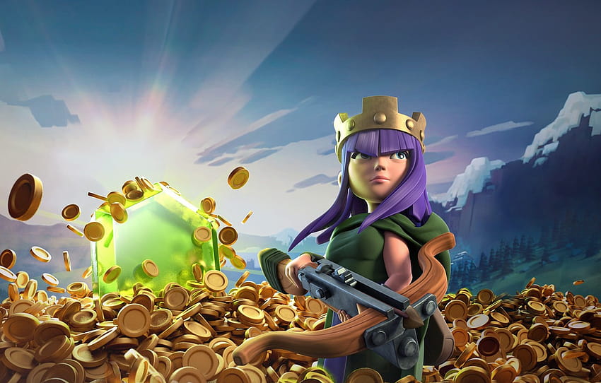 game, gold, Queen, crown, bow, arrow, Archer, montain, Clash Of Clans , section игры, coc game HD wallpaper