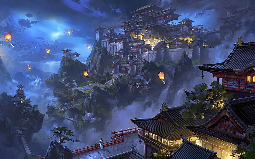 Anime Pemandangan Malam Kastil Gunung Lentera Langit Jepang, anime kastil Wallpaper HD