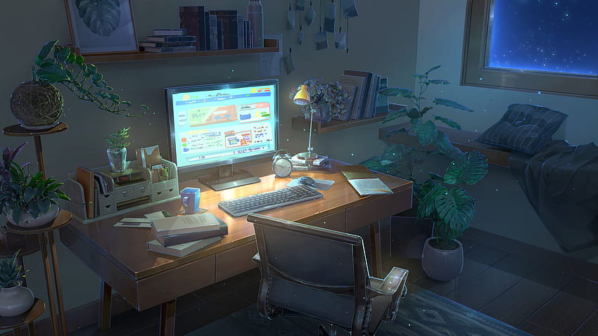 : night, computer, table, plants, plant pot, keyboards, books, bookshelf, chair 2844x1600, computer table HD wallpaper