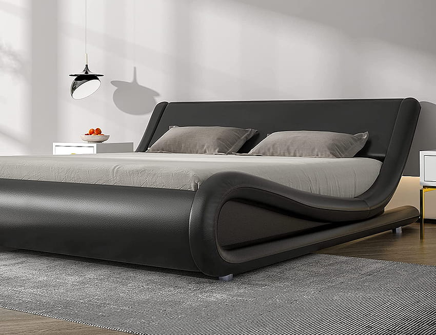 Estrutura de cama Sha Cerlin estofada em couro sintético de baixo perfil com cabeceira ajustável, sem caixa de mola necessária, preta papel de parede HD