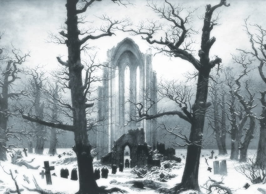 Cementerio del monasterio bajo la nieve, invierno gótico fondo de pantalla