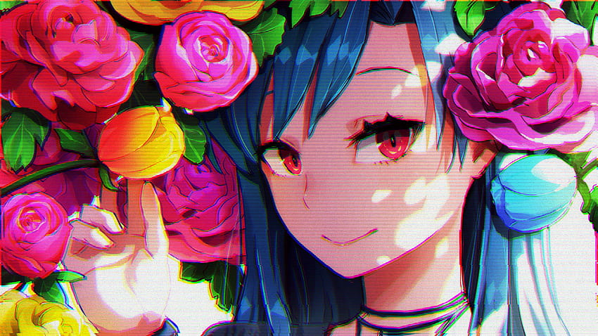 Female anime character, anime girls, red eyes, glitch art, anime glitch HD wallpaper
