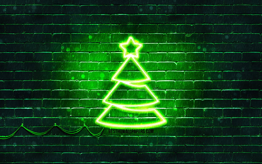 Green neon Christmas Tree, Green brickwall, Happy New Years Concept, Green Christmas Tree, Xmas Trees, Christmas Trees with resolution 3840x2400. High Quality, neon xmas HD wallpaper