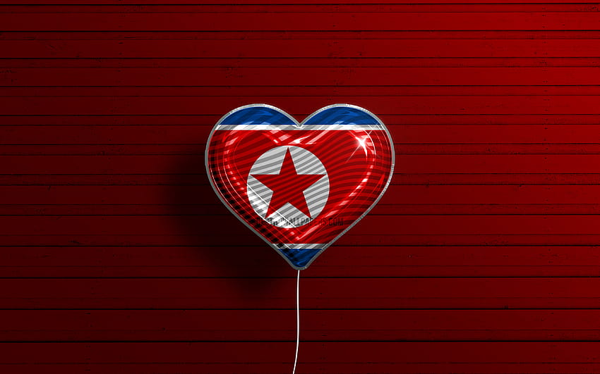 I Love North Korea, realistic balloons, red wooden background, Asian countries, North Korean flag heart, favorite countries, flag of North Korea, balloon with flag, North Korean flag, North Korea, i love korea HD wallpaper