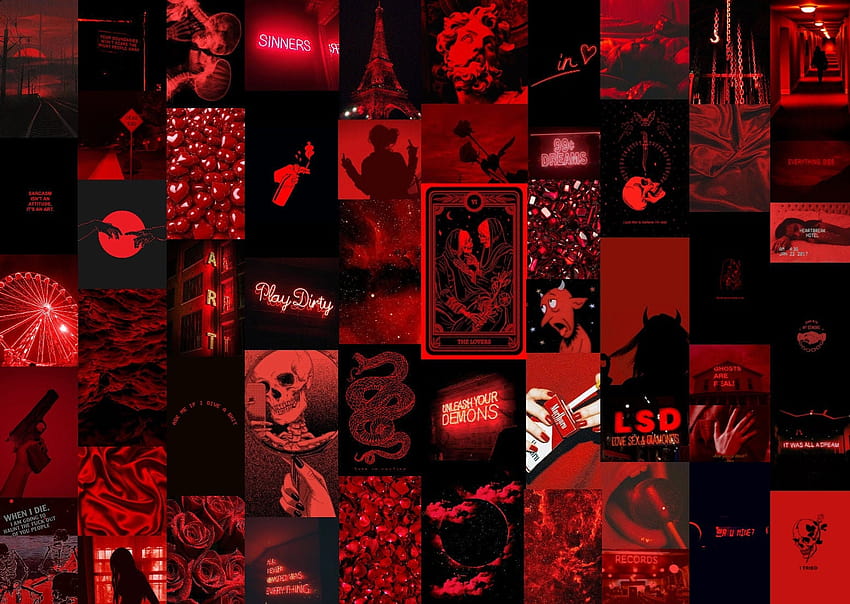 Red Grunge Estetyczny zestaw ścienny do kolażu DIGITAL 60, ciemnoczerwony komputer do kolażu Tapeta HD