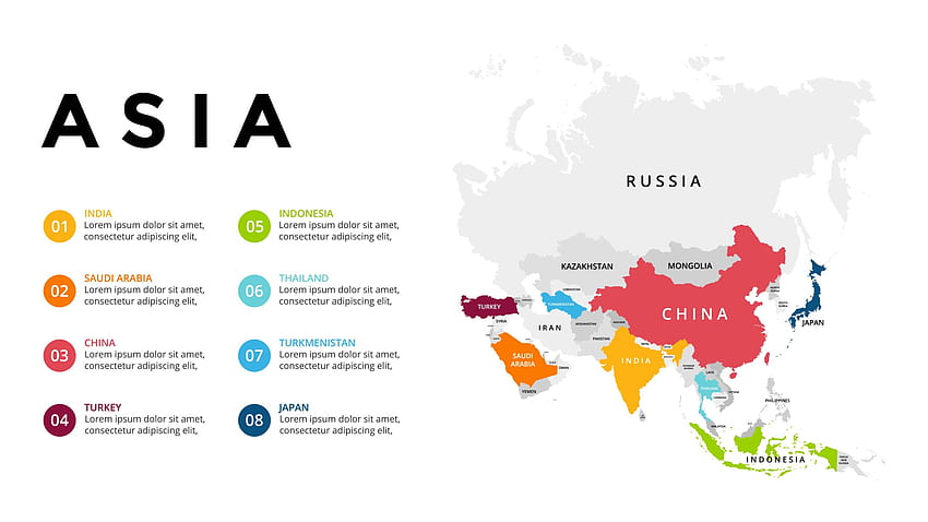 Asien-Kontinent- und Länderkarte, politische Karte Asiens HD-Hintergrundbild
