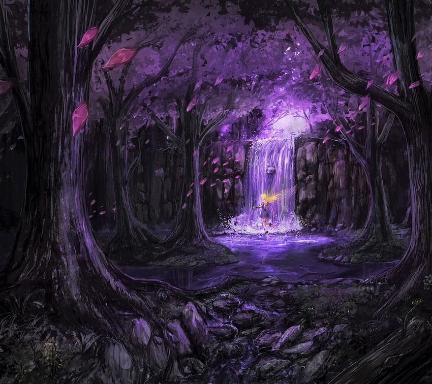 digital art fantasy forest waterfall HD wallpaper