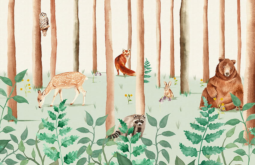 Watercolour Woodland Animals Mural HD wallpaper