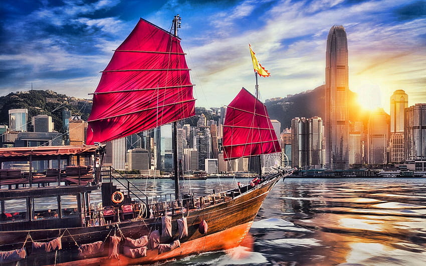 Hong Kong, Victoria Harbour, pôr do sol, lixo, barcos de lixo papel de parede HD