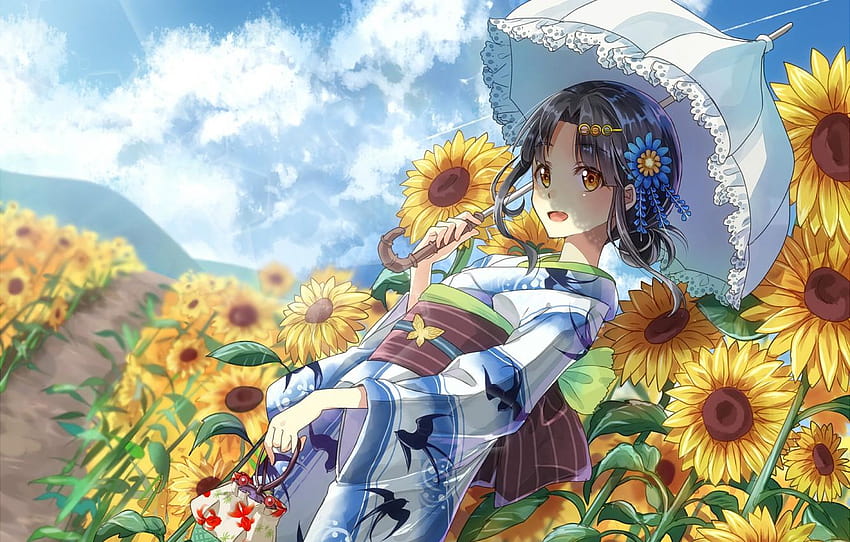 Girl, sunflowers, umbrella, anime, art for, sunflower girl HD wallpaper ...