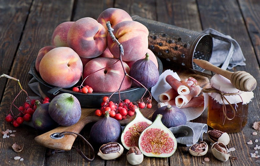 berries, nuts, still life, honey, peaches, figs, grater, figs, ham , section еда, honey peaches HD wallpaper