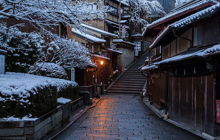 Дом, Зима, Път, Градът, Япония, Сняг, Стълба, Улица, Киото , раздел город, Япония зимна природа HD тапет