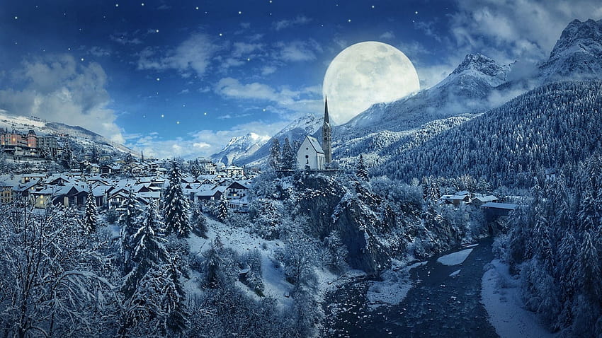 Winter Moon Frozen Forest Village Snowfall Nature City Frozen In Winter Hd Wallpaper