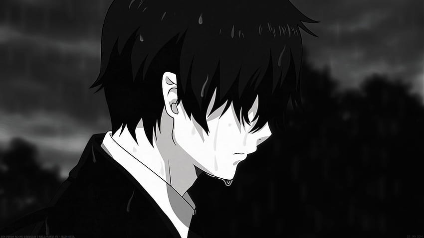 Cena de anime de um menino deprimido, cores escuras, rosto triste,  ilustração vetorial