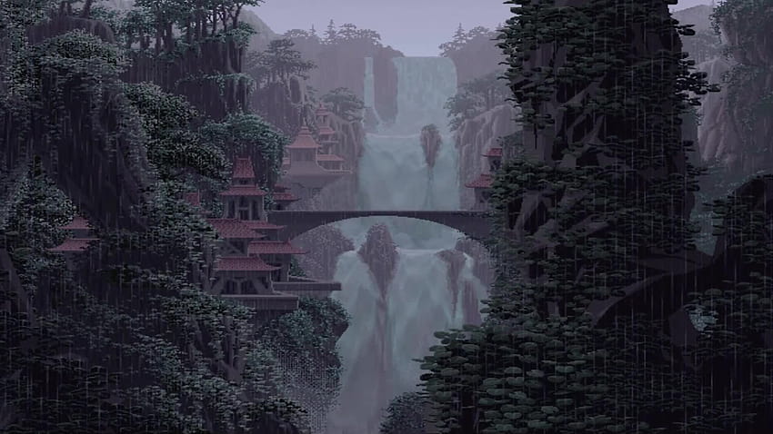 Pixel Nature Cascada Día lluvioso, lluvia de píxeles fondo de pantalla