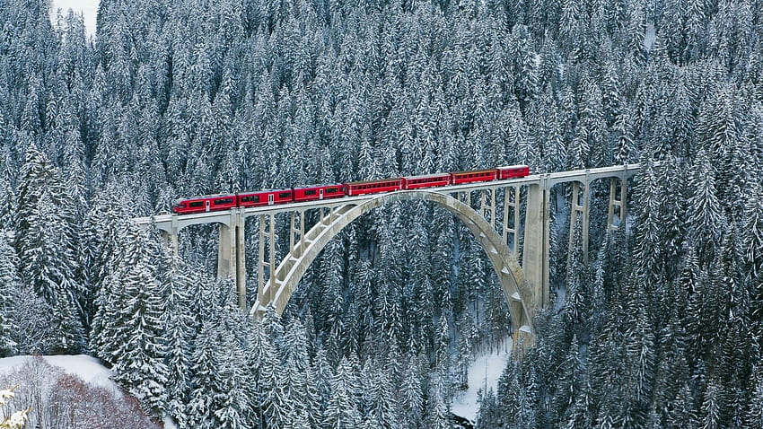 Швейцария алпи планини гора зима природа влак мост влак супер, зимен влак HD тапет