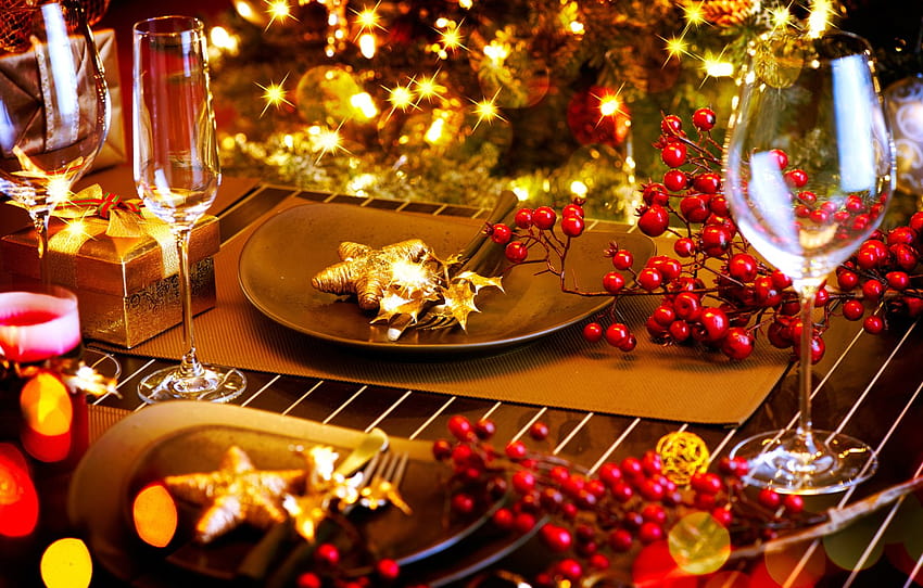 zima, światła, stół, drzewo, urządzenia, Nowy Rok, okulary, Boże Narodzenie, talerze, naczynia, sceneria, Boże Narodzenie, wakacje, Nowy Rok, stół, sekcja новый год, wigilijny stół Tapeta HD