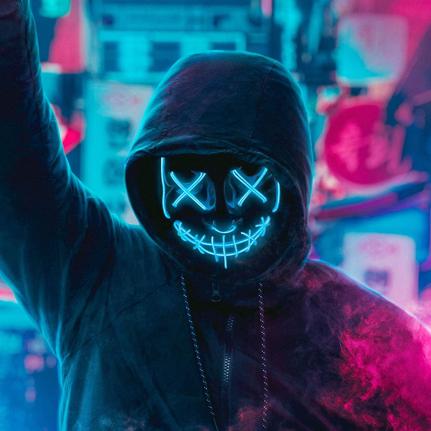 Anonymous Mask Purple Neon, хакерска маска неонова HD тапет за телефон