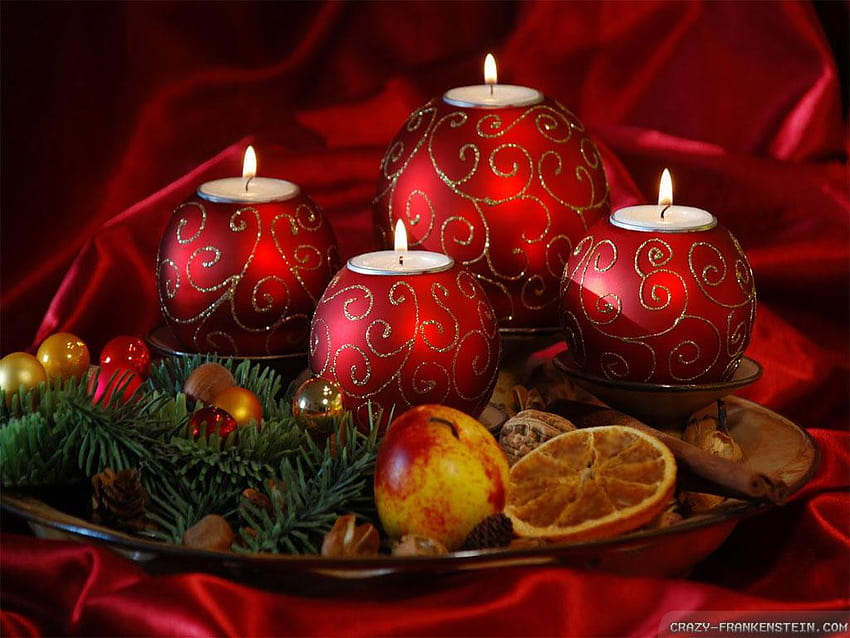 Christmas candles, rose and christmas red candles HD wallpaper
