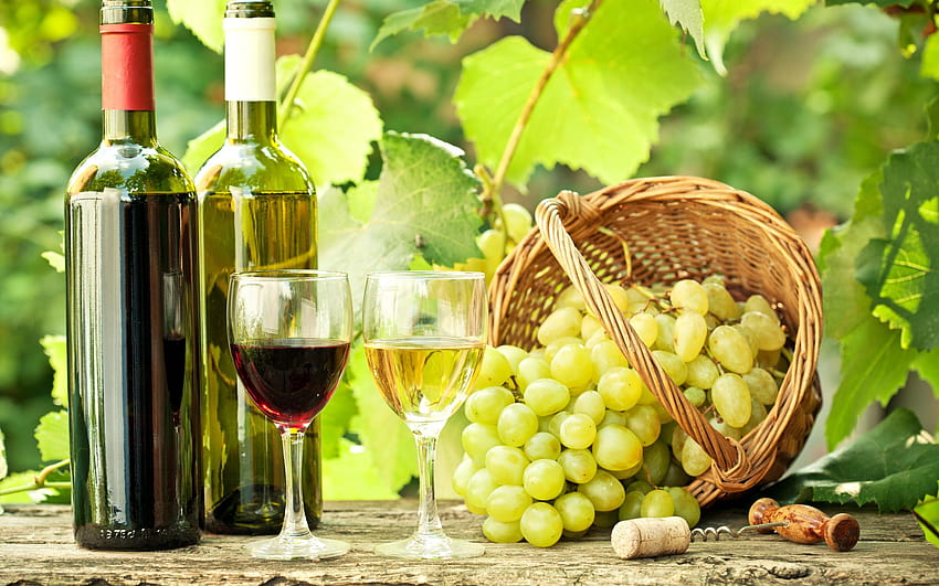 Grapes Basket And Wine Bottles HD wallpaper