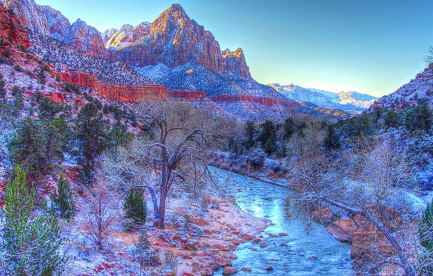 зима, небето, сняг, планини, река, Юта, САЩ, Zion National Park , раздел пейзажи, Zion National Park зима HD тапет
