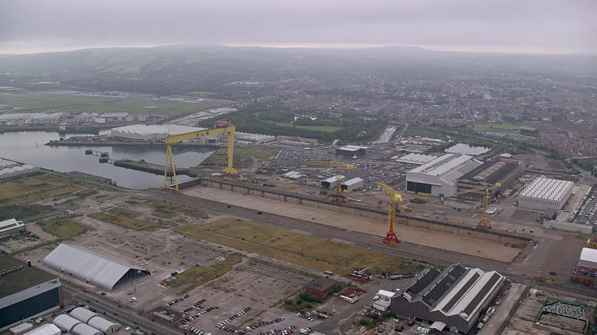 6K stock footage aerial video of cranes at the Port of Belfast, Northern Ireland Aerial Stock Footage AX113_120, belfast northern ireland HD wallpaper