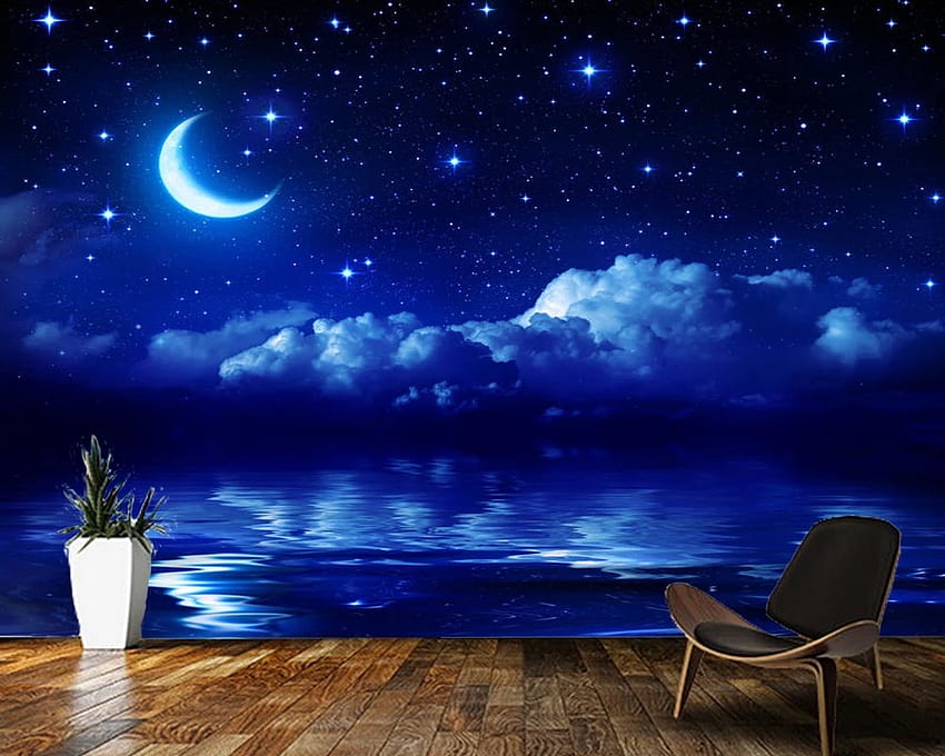 Papel de parede fantasy gwiazdy i księżyc gwiaździste niebo nad morzem foto 3d, salon dzieci sypialnia wystrój domu Tapeta HD