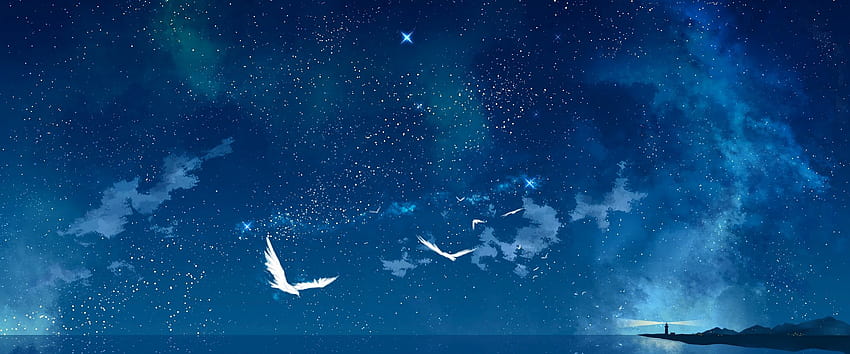 夜空 星 海 地平線 風景 灯台 アニメ、ウルトラワイド アニメ 夜 高画質の壁紙
