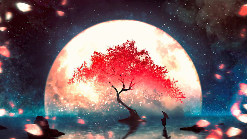 344519 애니메이션, 밤, 풍경, 달, 벚꽃, 애니메이션의 밤 HD 월페이퍼