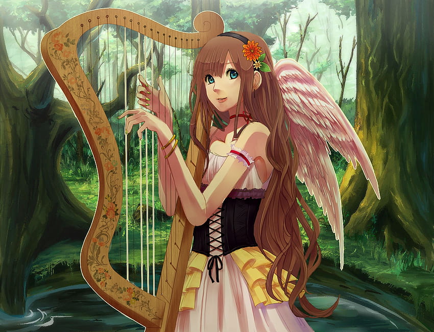 1700x1299 girl, harp, wings, smile, nature HD wallpaper